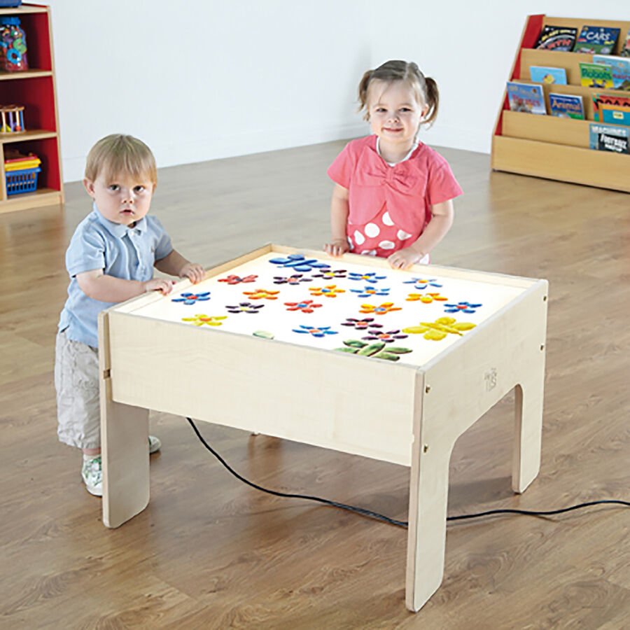 ışıklı keşif masası 70x70 cm ahşap duyu oyun masası pleksi tablalı