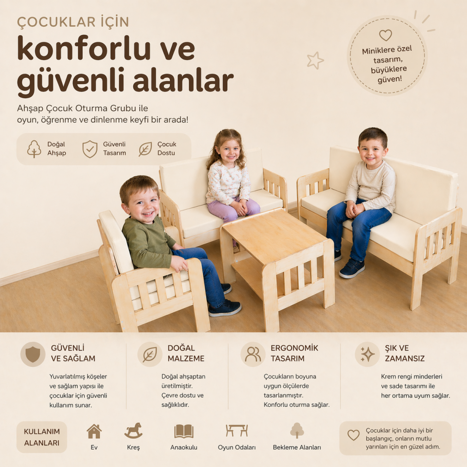 Ahşap Oturma Grubu 4 Parçalı Çocuk Koltuk Seti