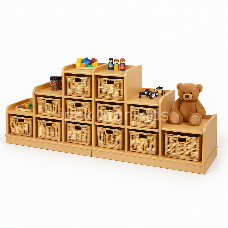 Hasır Sepetli Basamaklı Kreş Oyuncak Dolabı – 12 gözlü