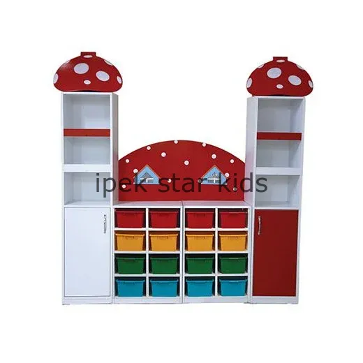 Mantar Temalı Ahşap Anaokulu Dolap Seti – Renkli Kutulu Depolama Ünitesi
