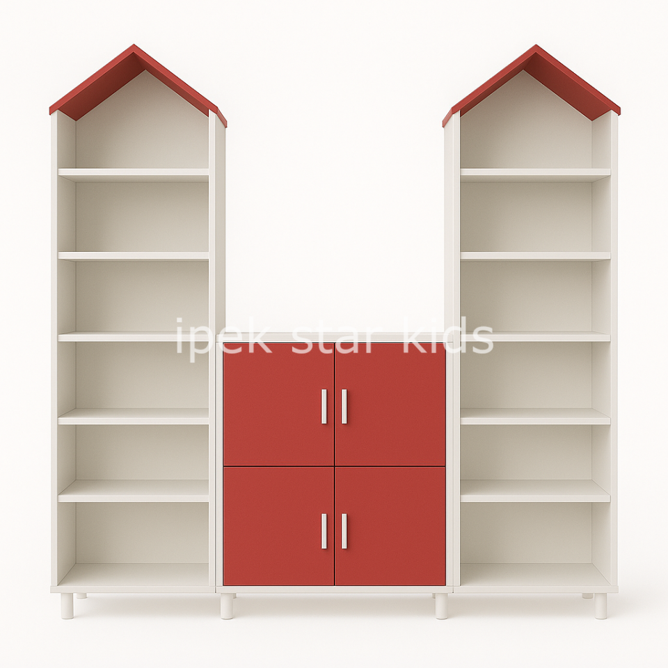 Kuleli Çok Raflı Dolap Grubu BEYAZ KIRMIZI