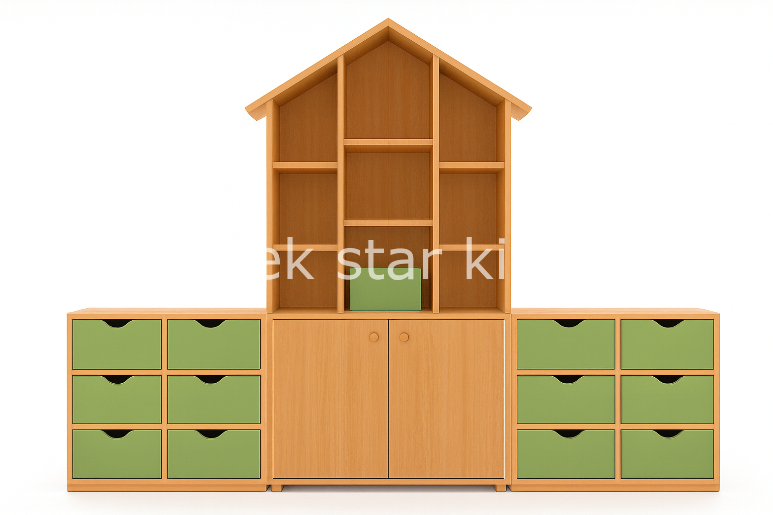 Çatılı anaokulu kreş dolap grubu 240x180x35 cm 3 modüllü sınıf dolabı