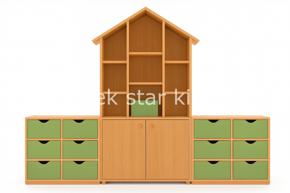 Çatılı anaokulu kreş dolap grubu 240x180x35 cm 3 modüllü sınıf dolabı