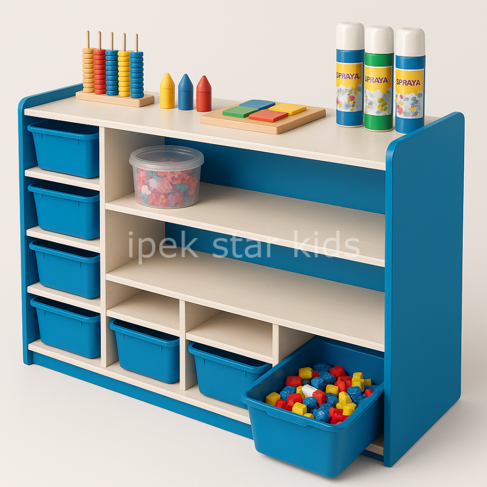 Açık Raflı 7  Kutulu Sınıf Malzeme Oyuncak Dolabı