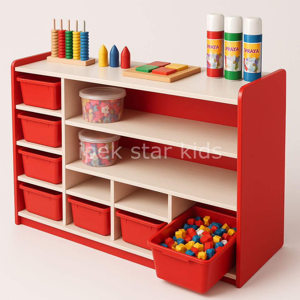 Açık Raflı 7  Kutulu Sınıf Malzeme Oyuncak Dolabı
