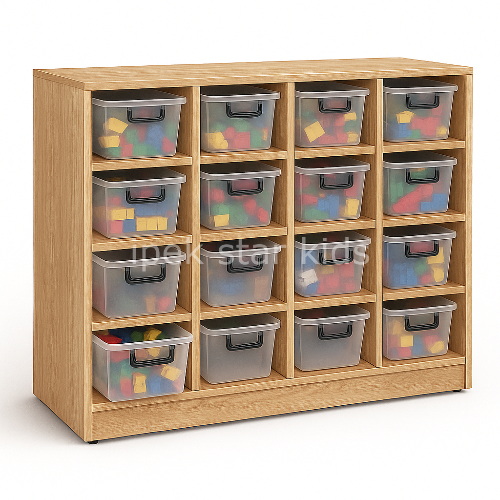 16 Şeffaf Kutulu Anaokulu Oyuncak Dolabı