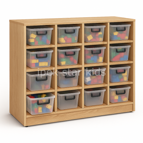 16 Şeffaf Kutulu Anaokulu Oyuncak Dolabı