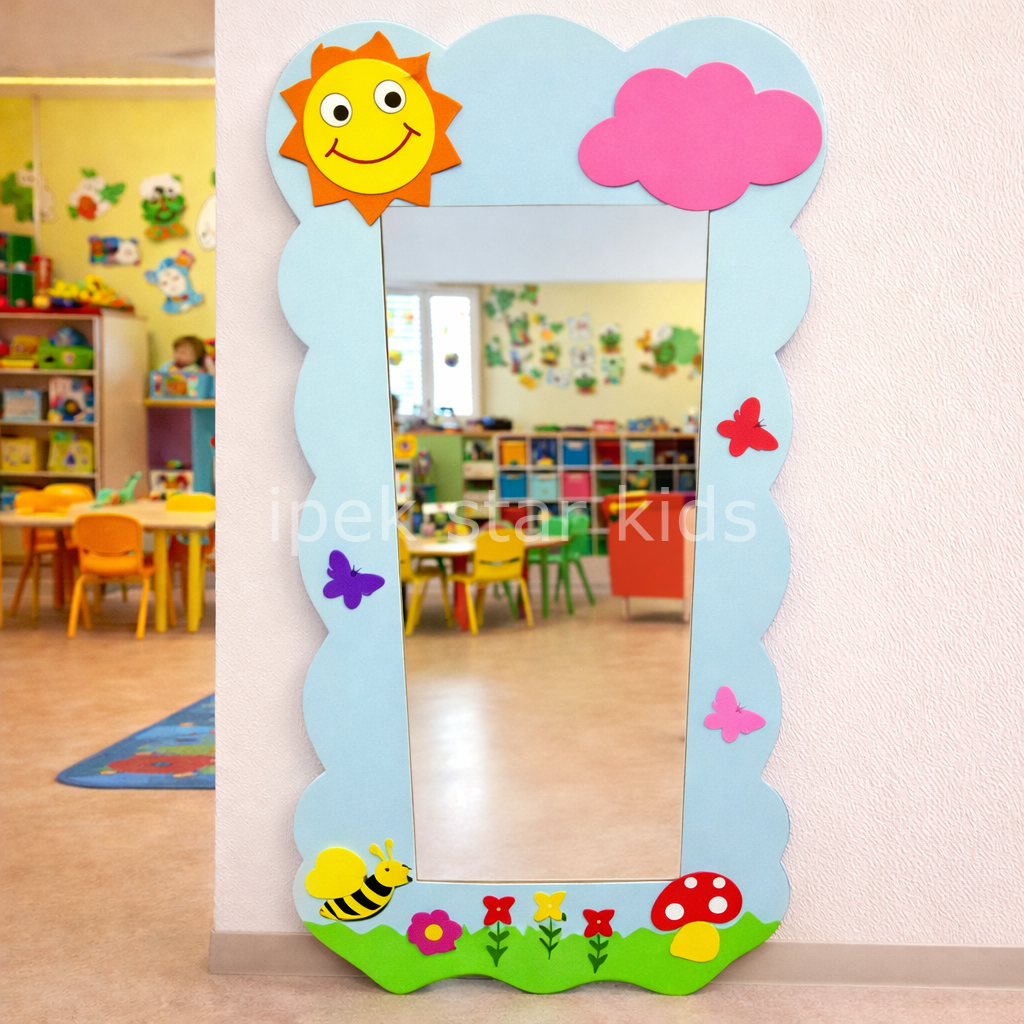 Doğa temalı güneş ve kelebek figürlü anaokulu çocuk boy aynası
