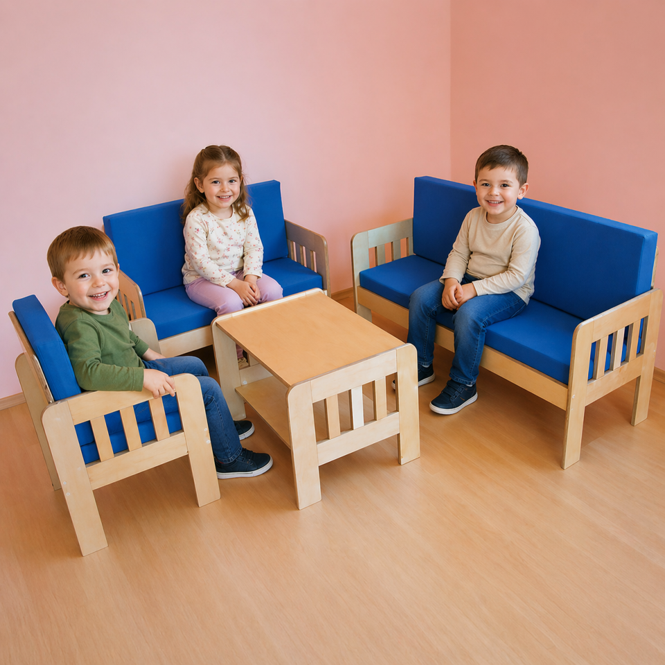 Ahşap Mavi Çocuk Koltuk Takımı 4 Parçalı