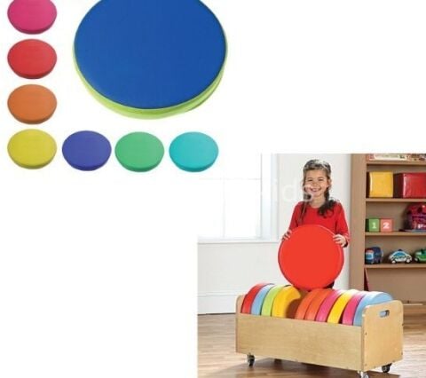 Anaokulu Yuvarlak Sınıf Minder 12 Li Daire Minder ve Ahşap  Tekerlekli Stand