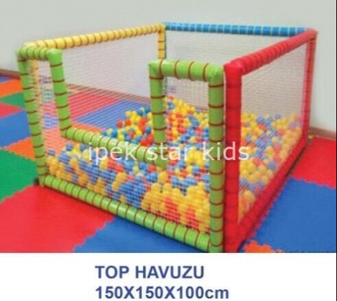 renkli PVC kumaş kaplı, beyaz fileli, turuncu EVA zemin üzerinde 150x150x100 cm çocuk soft play top havuzu