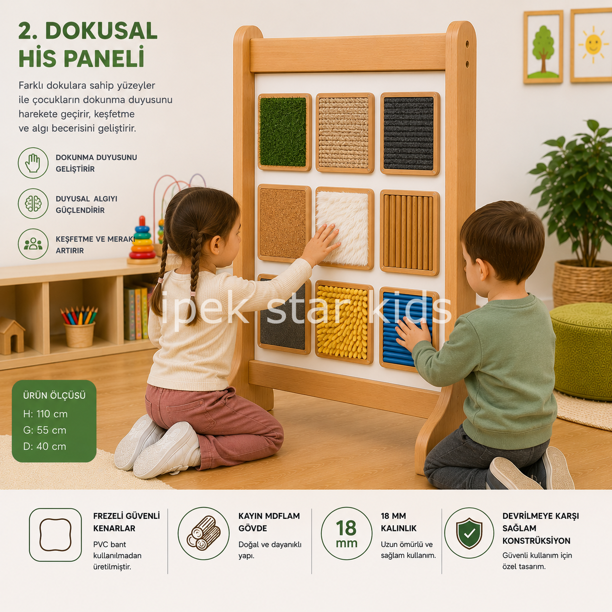 Ayaklı Dokusal His Paneli 110x55 cm duyusal gelişim ve dokunma aktivite panosu