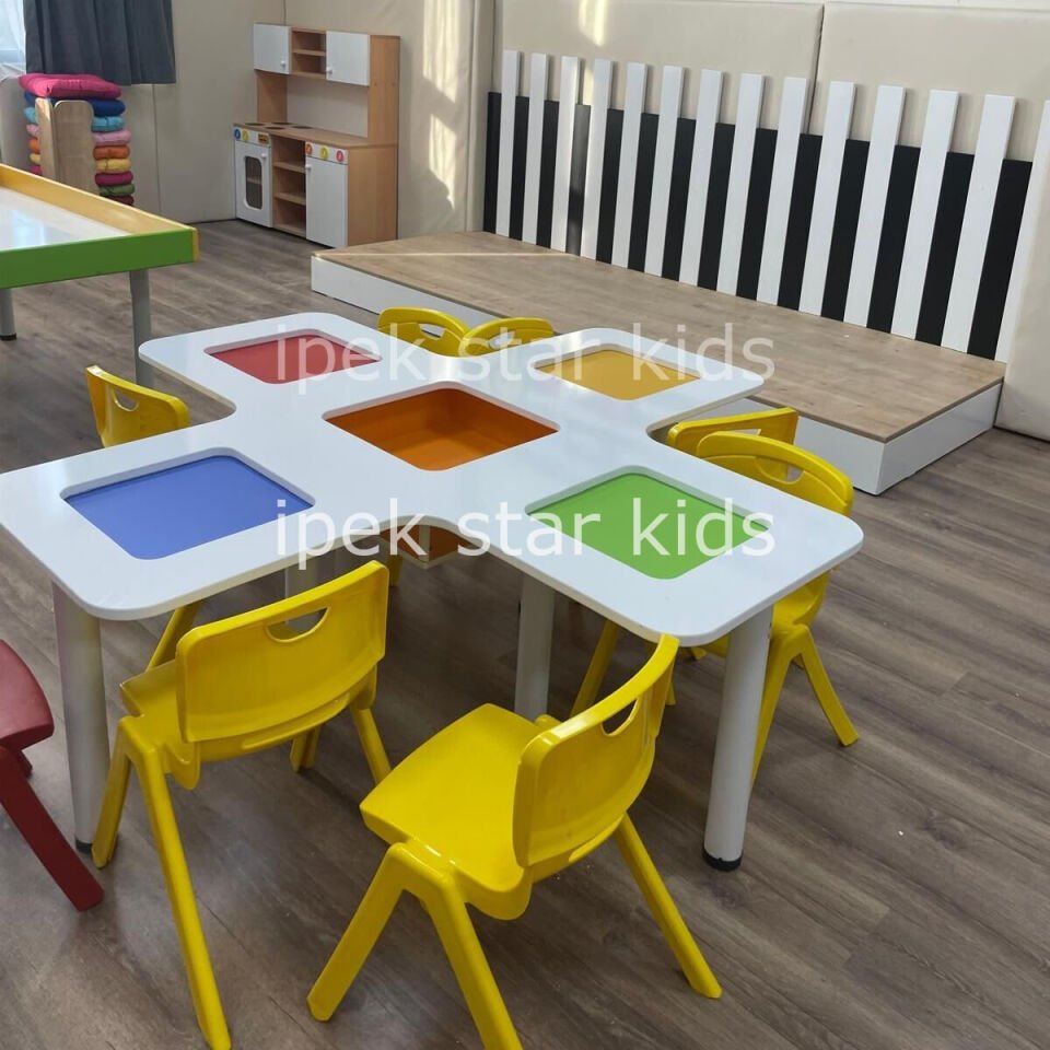Kreş ve Anaokulları İçin MDFLAM Ahşap Grup Aktivite Masası – 5 Bölmeli Oyun Alanı