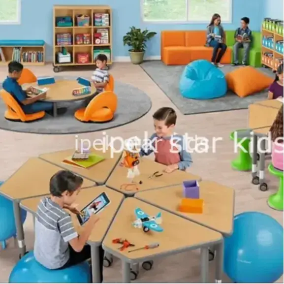 6 parçalı trapez anaokulu masa grubu – modüler çocuk aktivite masası