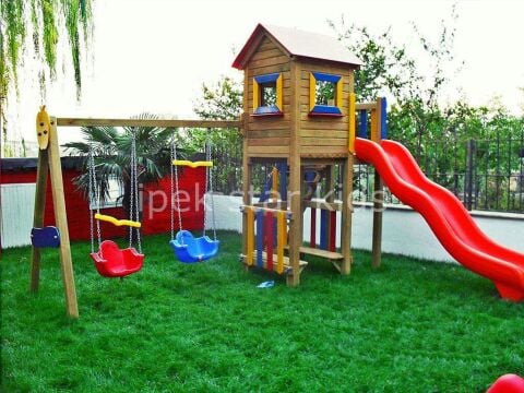Ahşap Oyun Seti – Çift Salıncaklı ve Kaydıraklı Oyun Kulesi