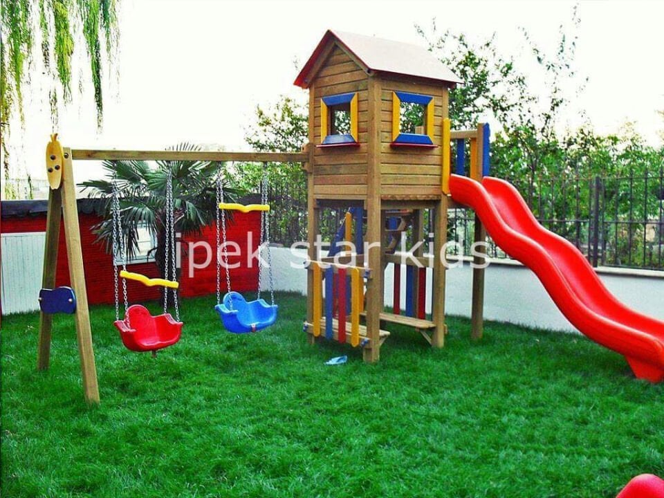 Tek kule emprenyeli çam ahşap çocuk oyun parkı dış mekan