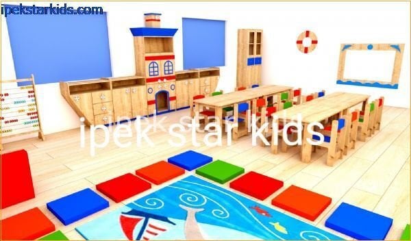 Ahşap anaokulu sınıf konsepti gemi temalı masa sandalye dolap ve oyun alanları