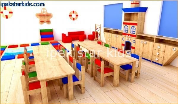 20 kişilik kreş sınıfı gemi konseptli anaokulu mobilyaları ve etkinlik alanları