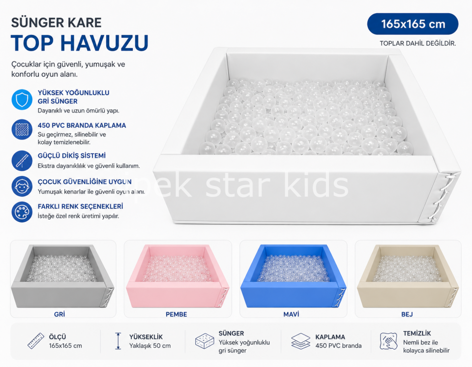 165x165 cm soft sünger kare top havuzu beyaz renk çocuk oyun havuzu