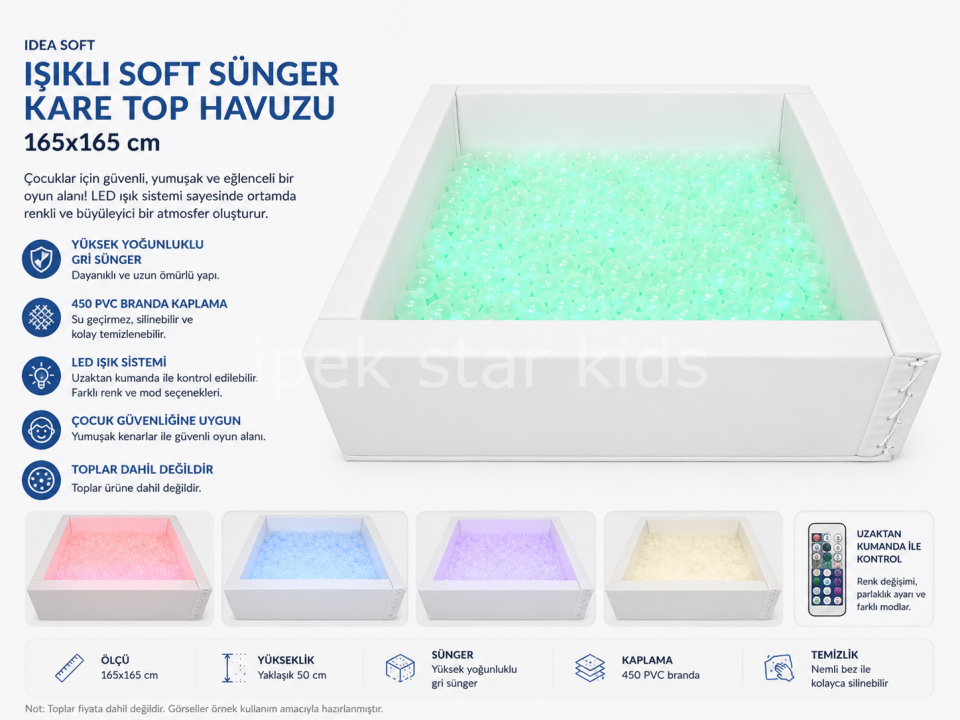 Işıklı Soft Kare Top Havuzu 165x165 cm | Duyusal Oyun ve Karanlık Oda Havuzu