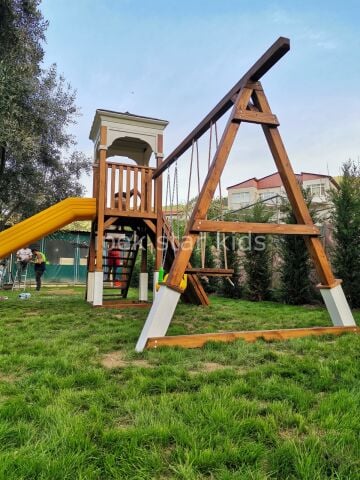 Doğal Ahşap Çocuk Parkı – Kaydırak ve Salıncak Modüllü Oyun Grubu