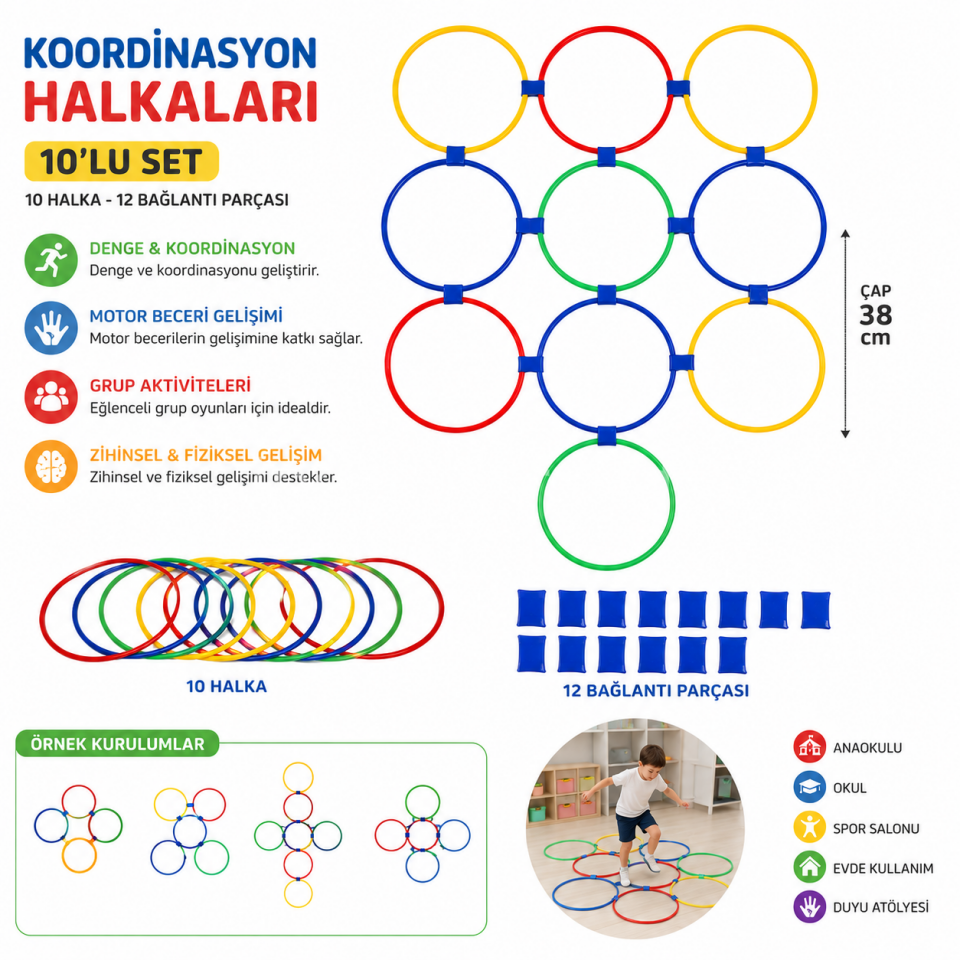 Seksek ve Oyun Halkaları 10’lu Set 38 cm | Çocuk Koordinasyon ve Denge Aktivite Halkaları