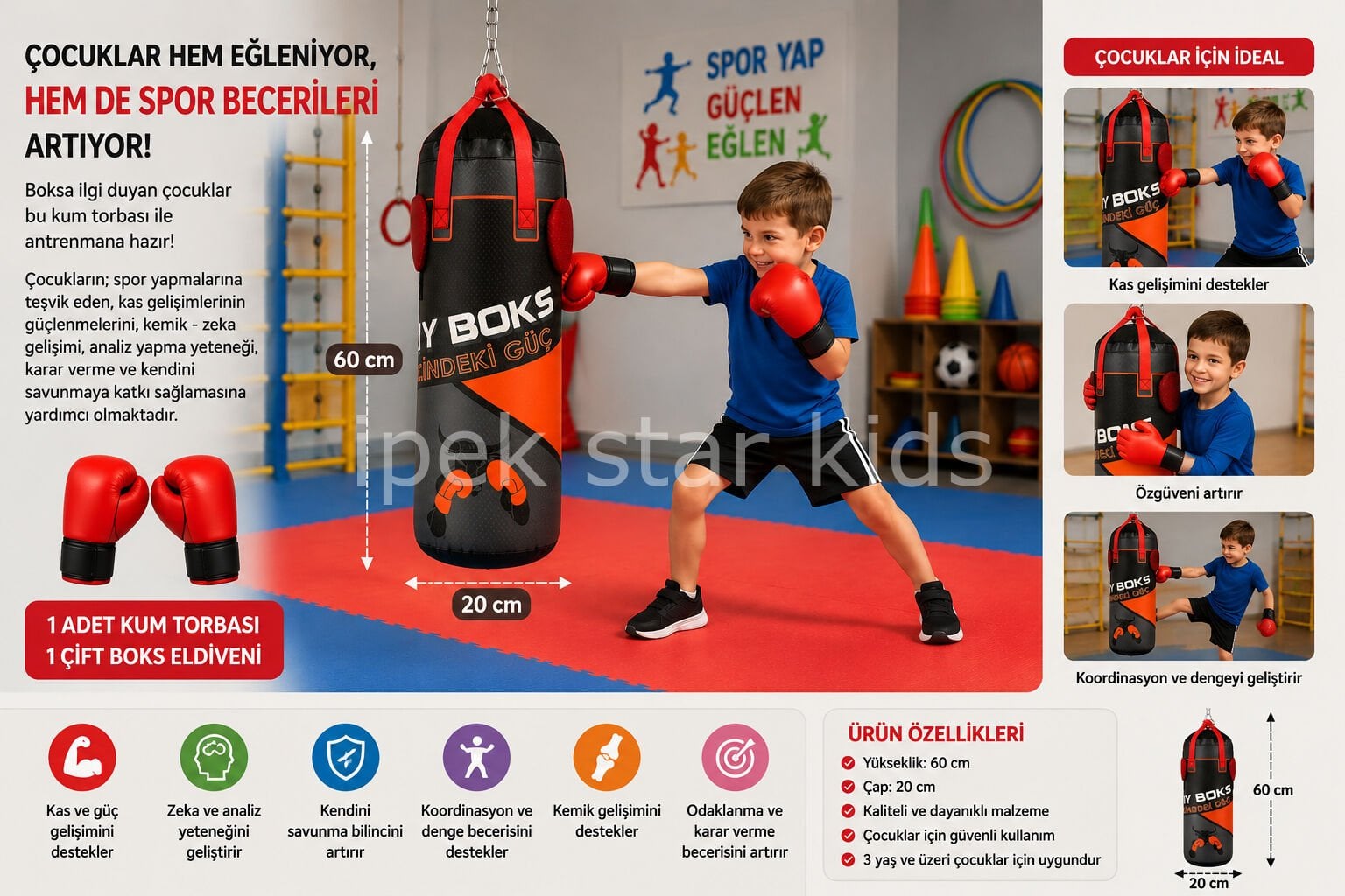 Çocuk Boks Torbası 60x20 cm eldivenli spor aktivite seti