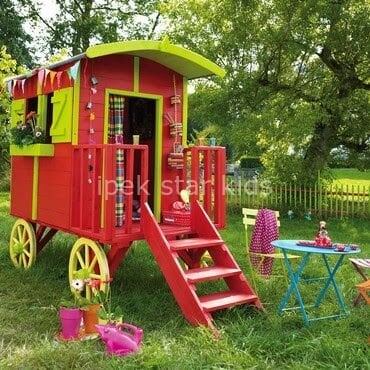 Rengârenk Tekerlekli Ahşap Çocuk Karavanı