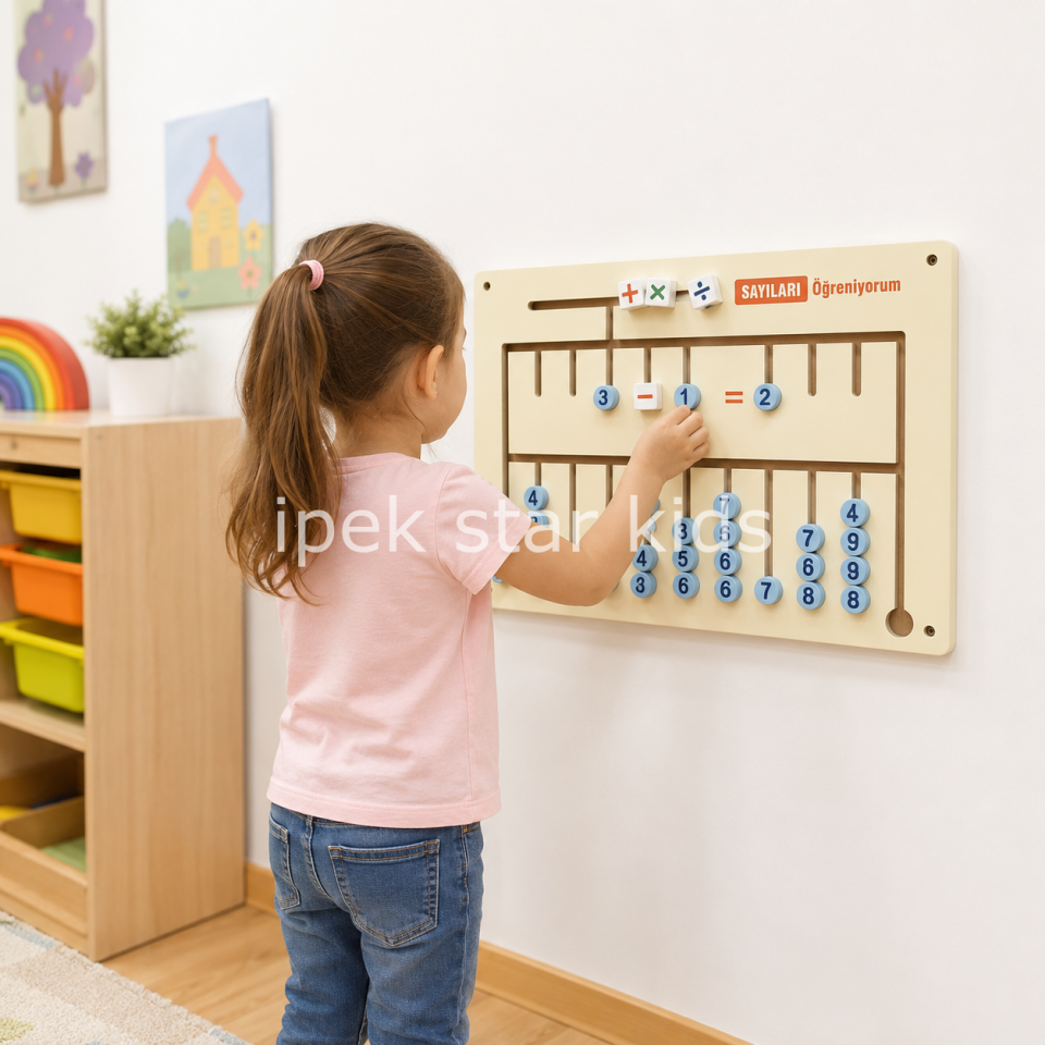 Sayı ve Matematik Öğrenme Duvar Paneli 45x30 cm – Çocuklar İçin Eğitici Ahşap Matematik Aktivite Oyunu