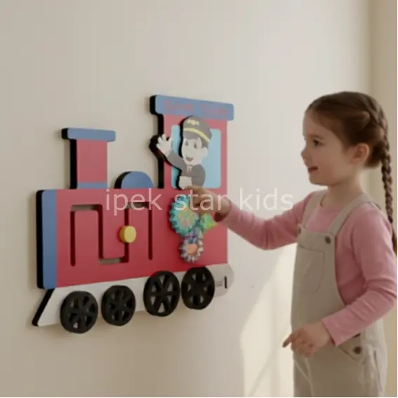 Ahşap tren temalı duvar oyunu, çocukların ince motor becerilerini geliştiren eğitici aktivite paneli