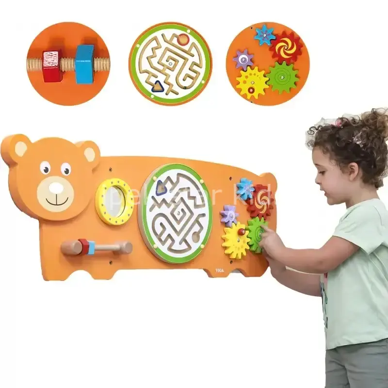 Ayıcık Figürlü Ahşap Duvar Aktivite Paneli 91x32 cm | Anaokulu ve Kreş Duvar Oyunu
