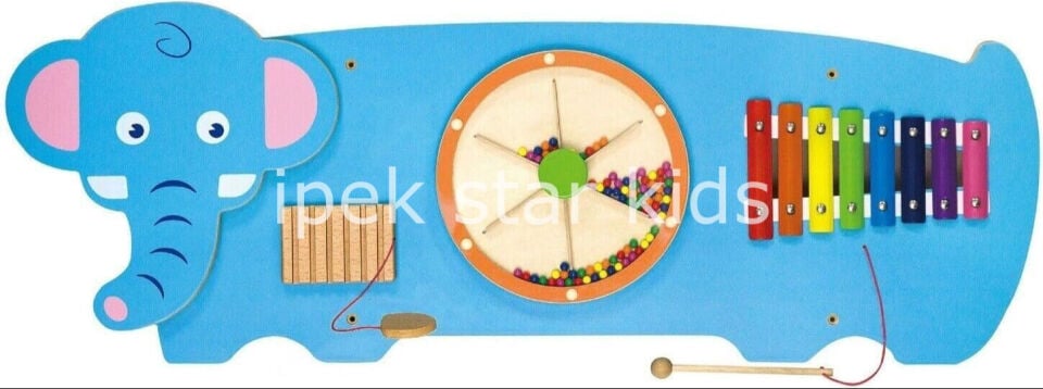 Fil Figürlü Ahşap Duvar Aktivite Paneli 91x32 cm Anaokulu ve Kreş Duvar Oyunu
