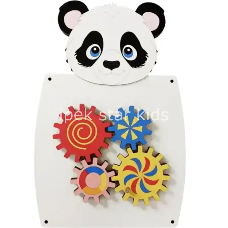 Panda figürlü renkli çarklar duvar oyunu 55x36 cm, çocuklar için motor beceri ve renk eşleştirme geliştiren MDF Lam aktivite paneli