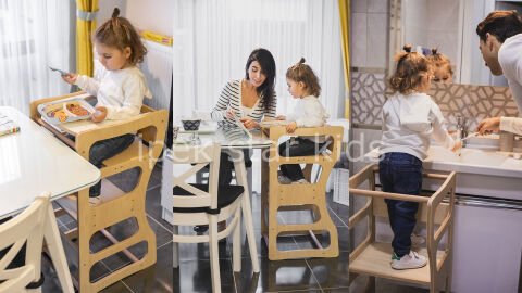 AHŞAP NATUREL MAMA SANDALYESİ VE ÖĞRENME KULESİ ÇOK AMAÇLI