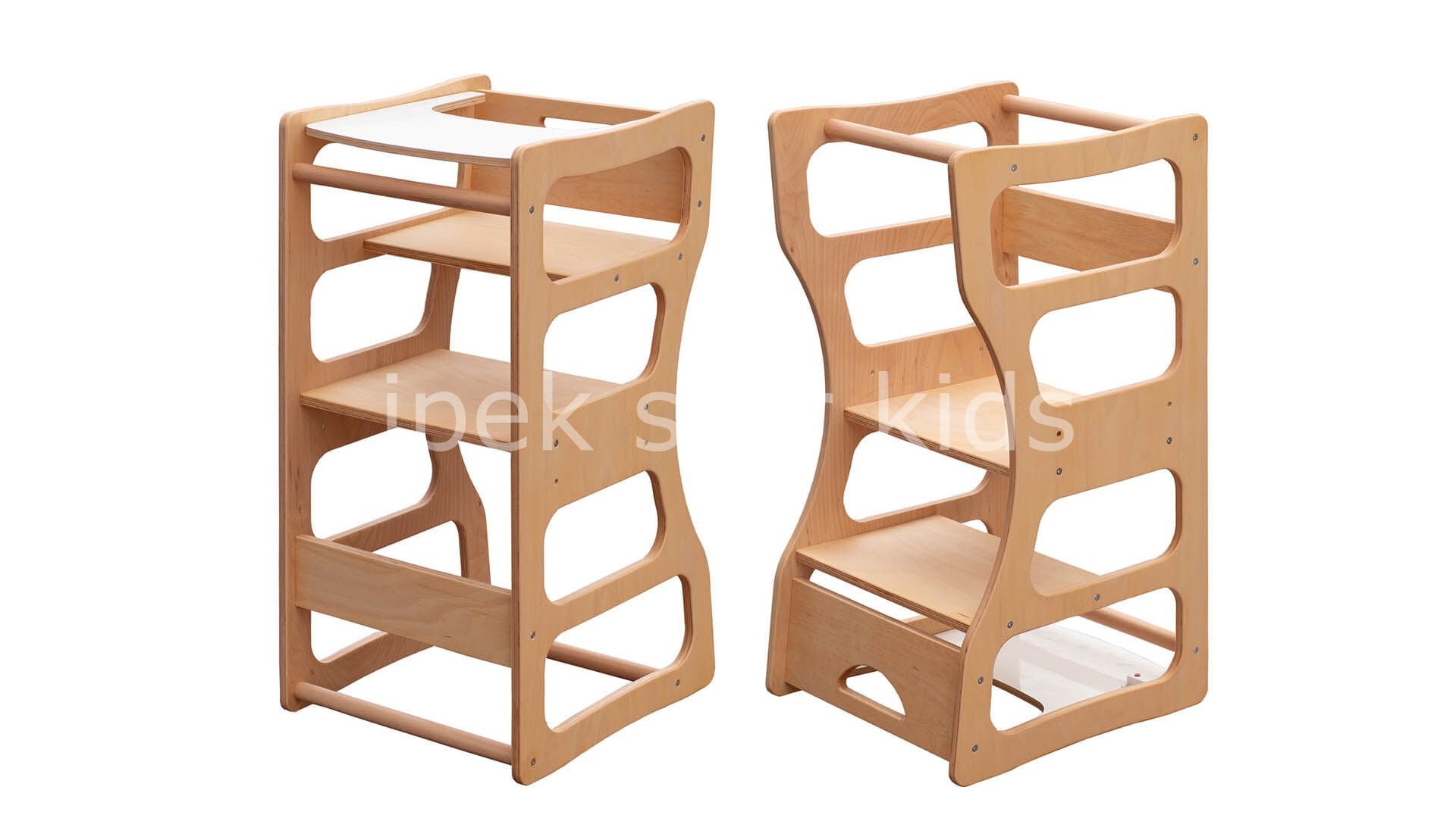 AHŞAP NATUREL MAMA SANDALYESİ VE ÖĞRENME KULESİ ÇOK AMAÇLI