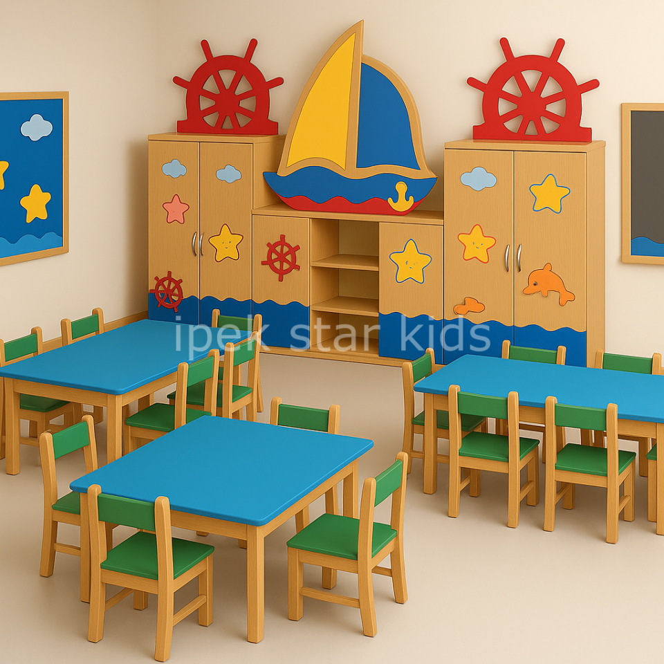 Deniz Feneri Temalı Ahşap Anaokulu Dolap Seti Naturel  3 modül