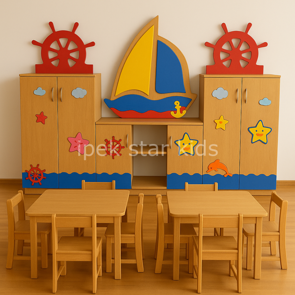 Deniz Feneri Temalı Ahşap Anaokulu Dolap Seti Naturel  3 modül
