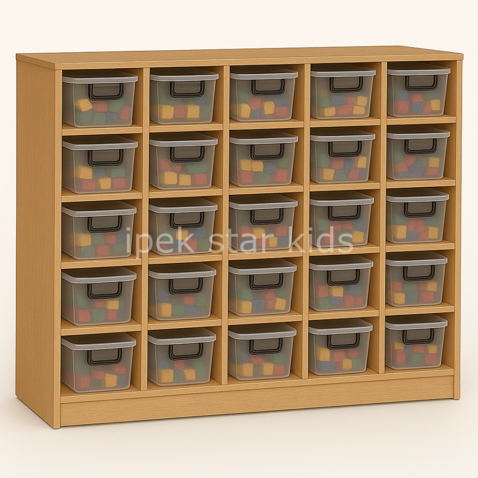 25 şeffaf Kutulu  Anaokulu Oyuncak Dolabı