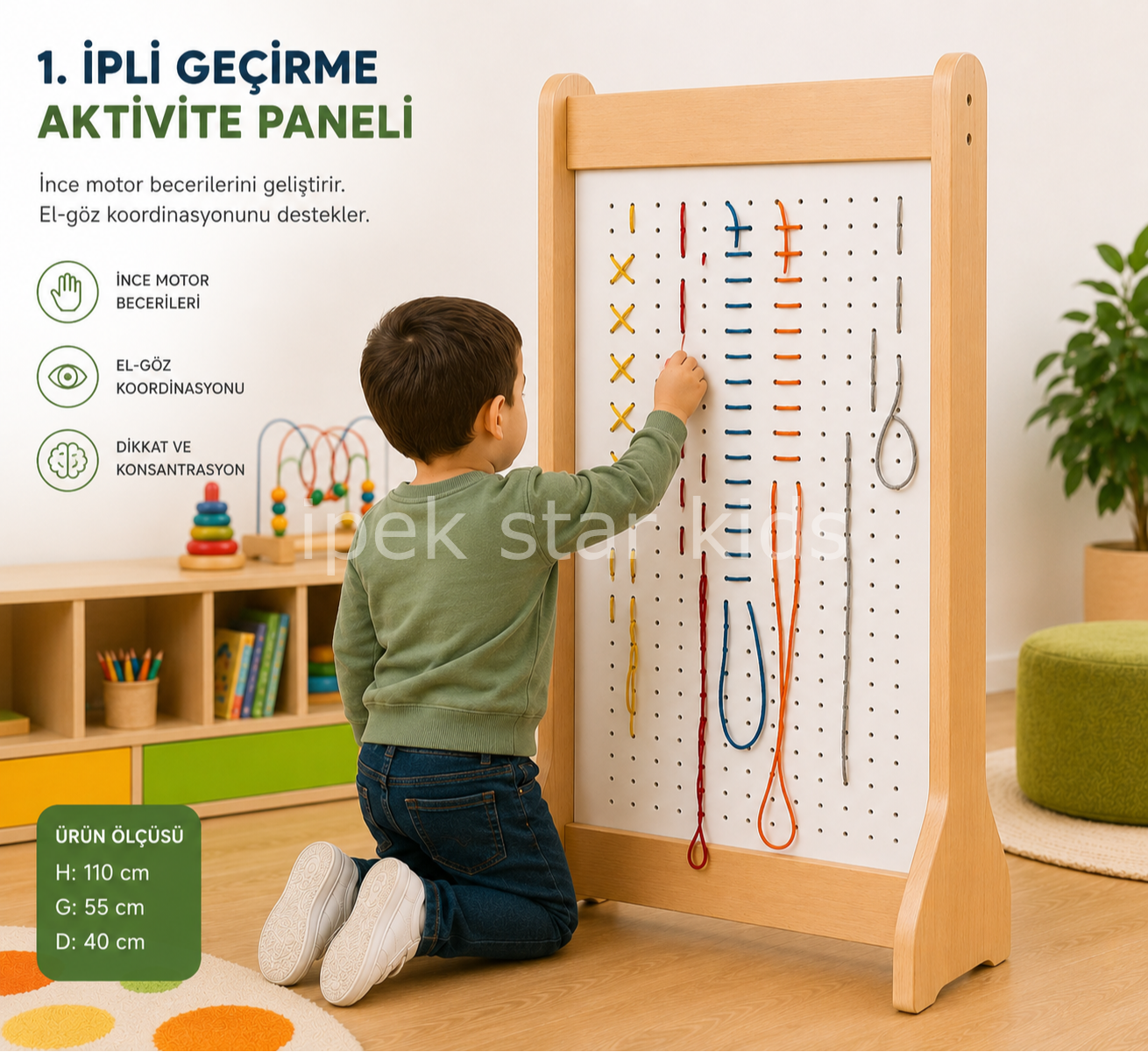 Ayaklı İpli Geçirme Aktivite Paneli 110x55 cm ince motor beceri geliştirme oyunu