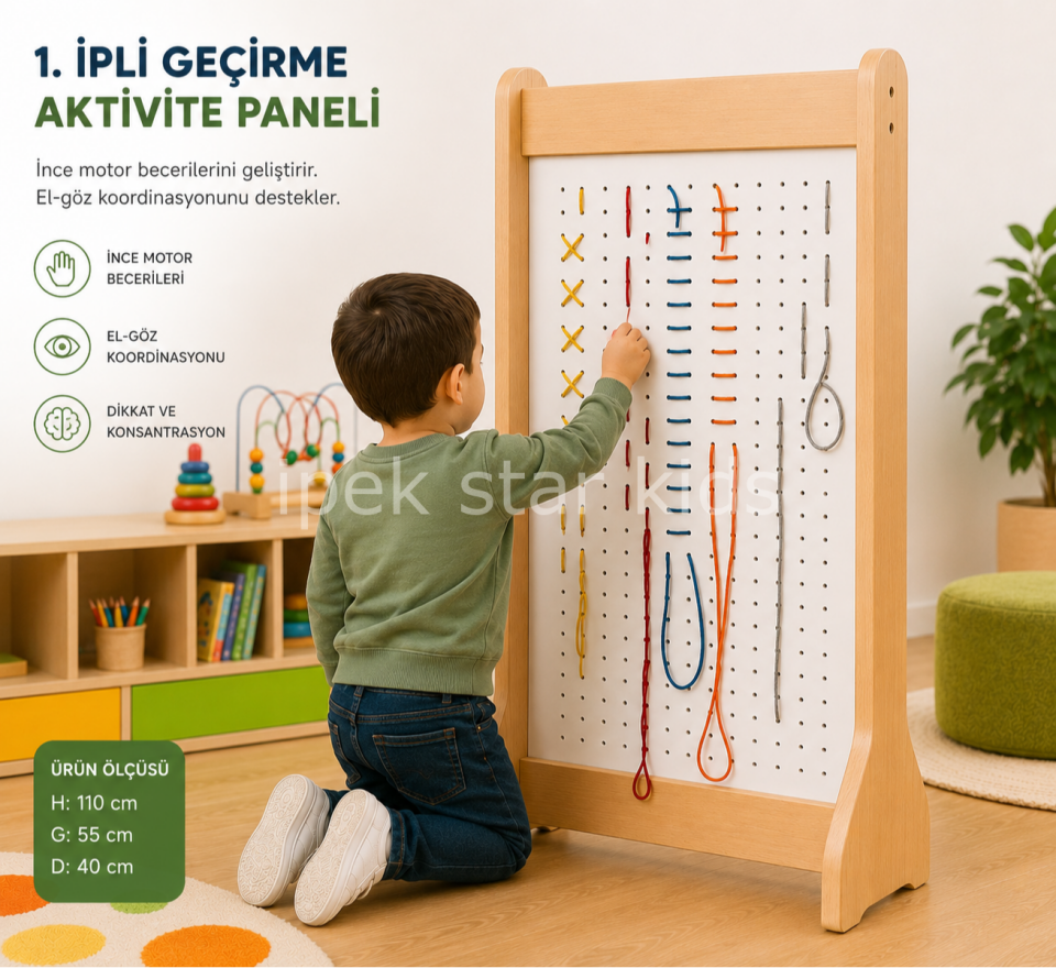 Ayaklı İpli Geçirme Aktivite Paneli 110x55 cm ince motor beceri geliştirme oyunu