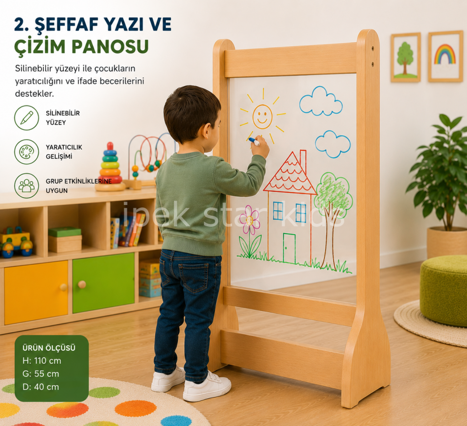 Ayaklı Şeffaf Yazı ve Çizim Panosu 110x55 cm | Çocuk Aktivite ve Sanat Panosu