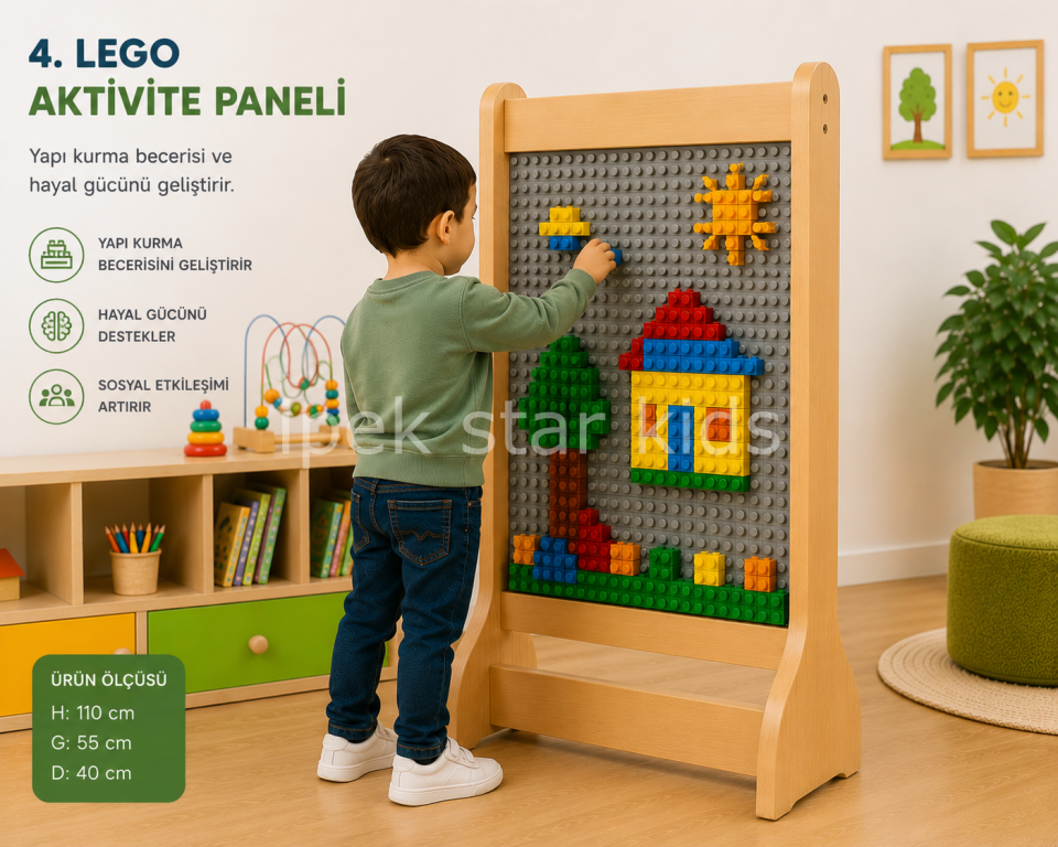 Ayaklı LEGO Aktivite Paneli 110x55 cm | Çocuk LEGO Oyun ve Yapı Duvarı