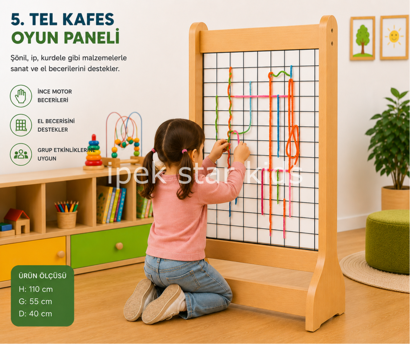 Ayaklı Tel Kafes Oyun Paneli 110x55 cm ince motor beceri geliştirme aktivitesi