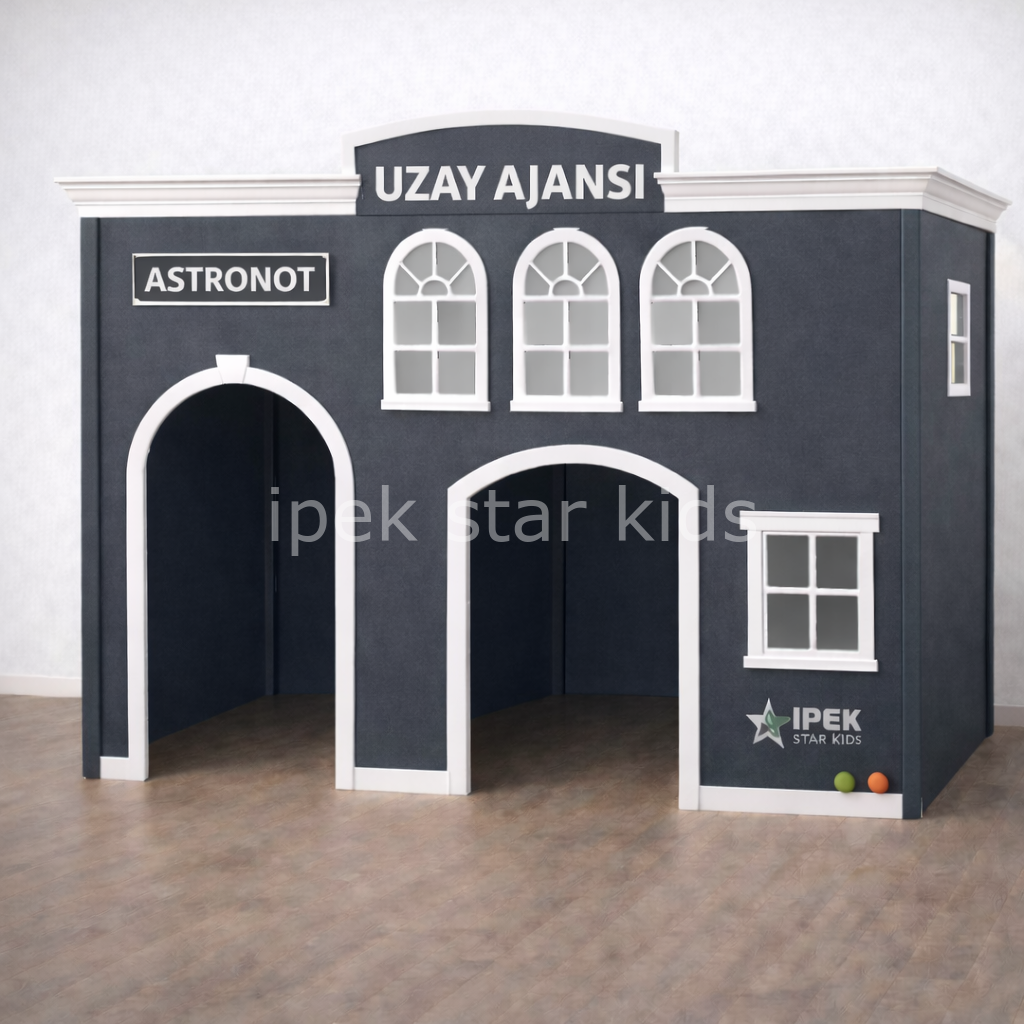 Anaokulu ve mini club alanları için MDF lam malzemeden üretilmiş uzay ajansı astronot meslek oyun köşesi