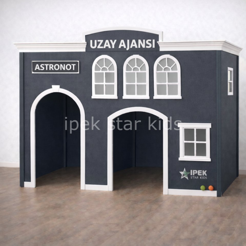 Anaokulu ve mini club alanları için MDF lam malzemeden üretilmiş uzay ajansı astronot meslek oyun köşesi