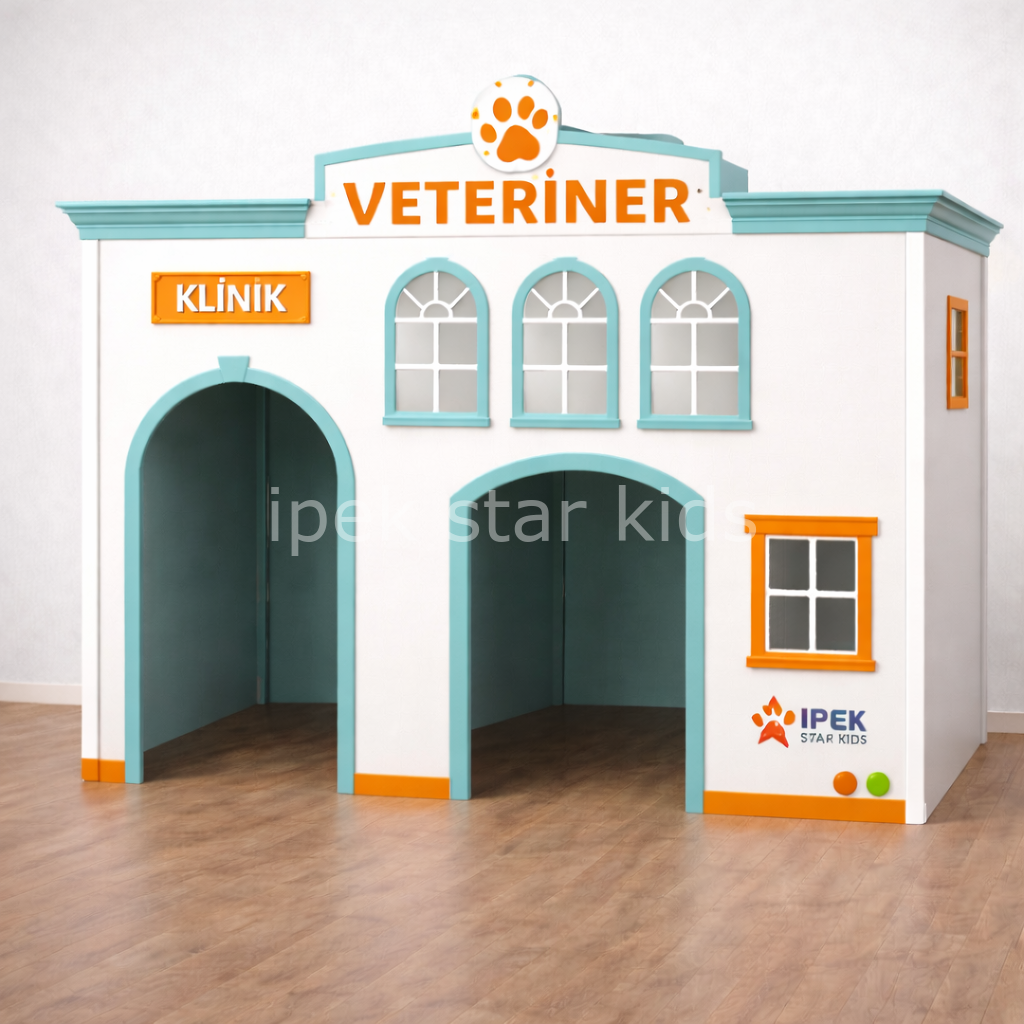 Anaokulu ve mini club alanları için MDF lam malzemeden üretilmiş veteriner klinik meslek oyun köşesi