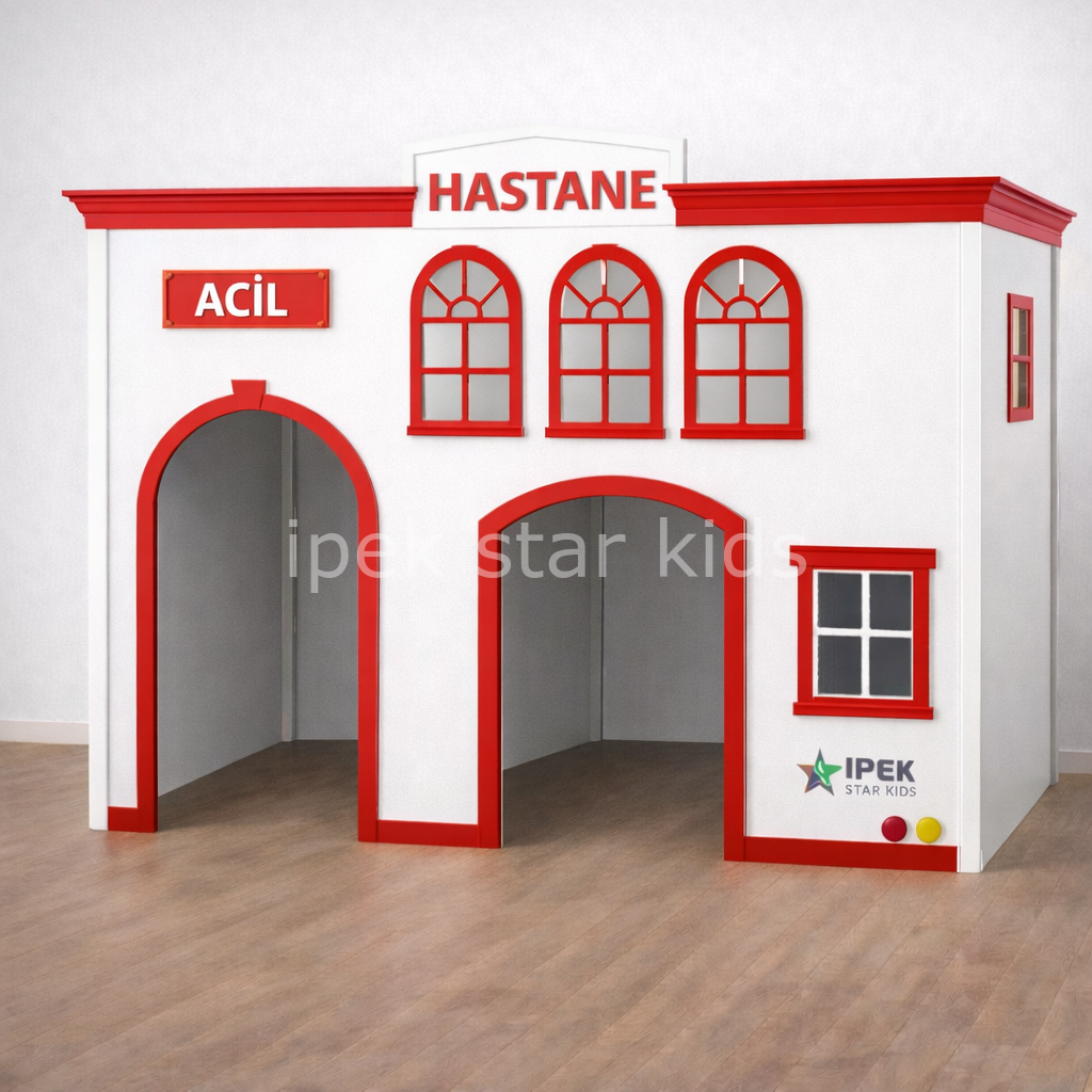 Anaokulu ve mini club alanları için MDF lam malzemeden üretilmiş hastane acil meslek oyun köşesi