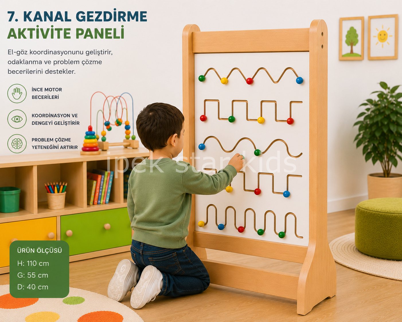 Ayaklı Kanal Gezdirme Aktivite Paneli 110x55 cm el göz koordinasyonu geliştirme oyunu