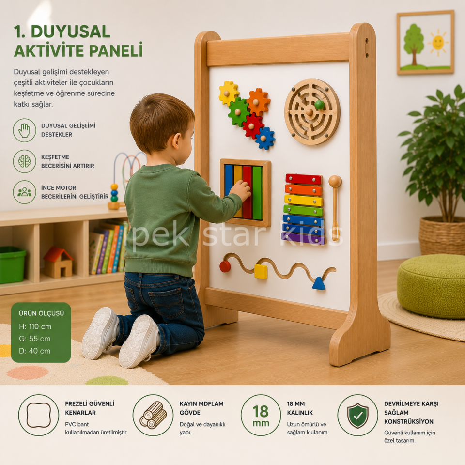 Ayaklı Oyun  Aktivite Paneli 110x55 cm | Çok Amaçlı Motor ve Duyu Gelişim Panosu