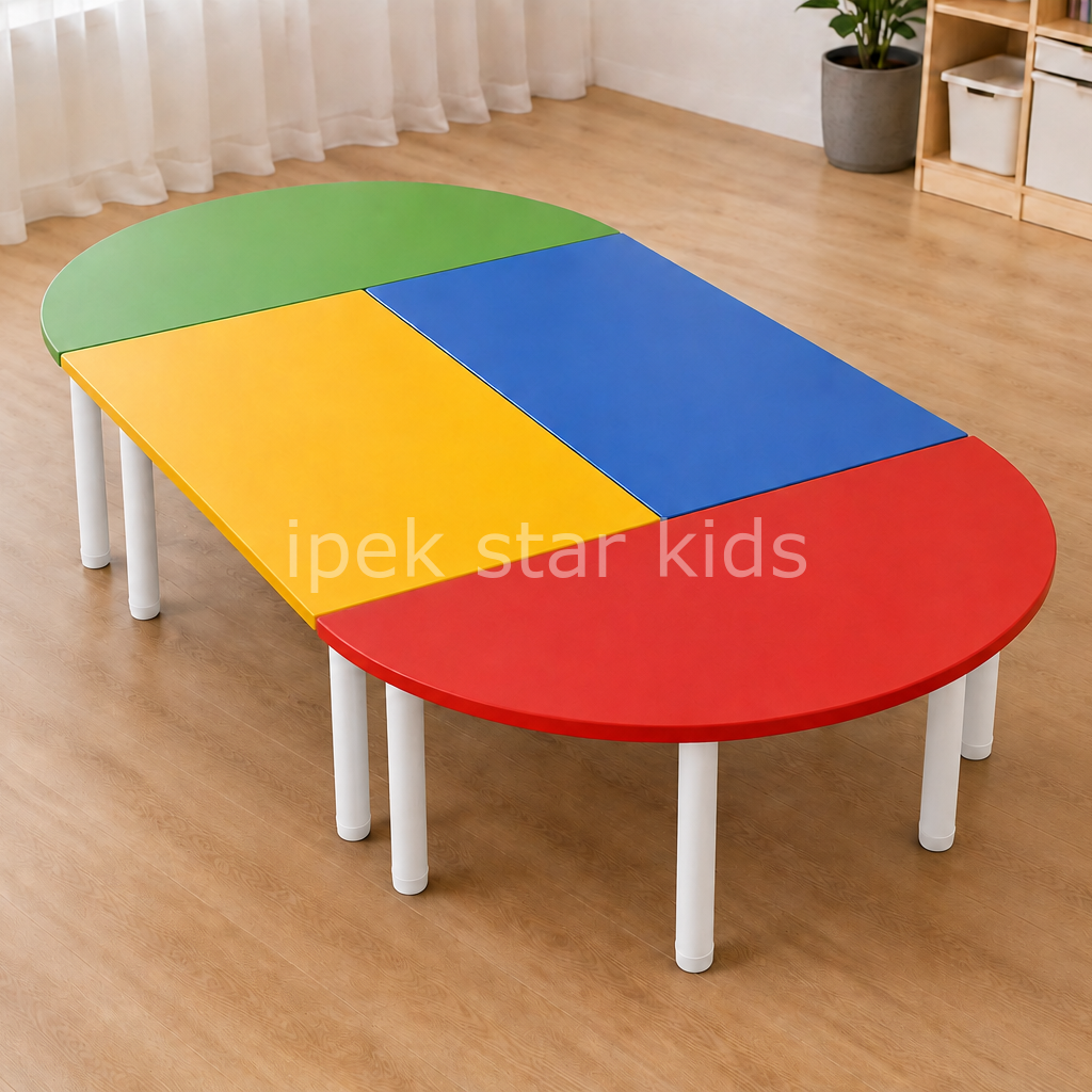 4 parçalı sarı oval anaokulu masa grubu 120x240 cm